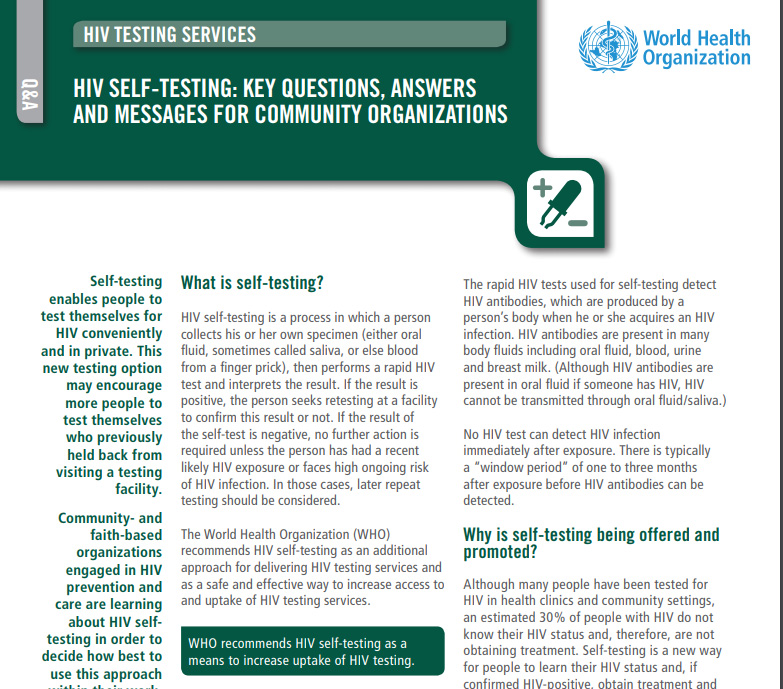 WHO Respond: HIV self-testing: key questions, answers and messages for community organizations